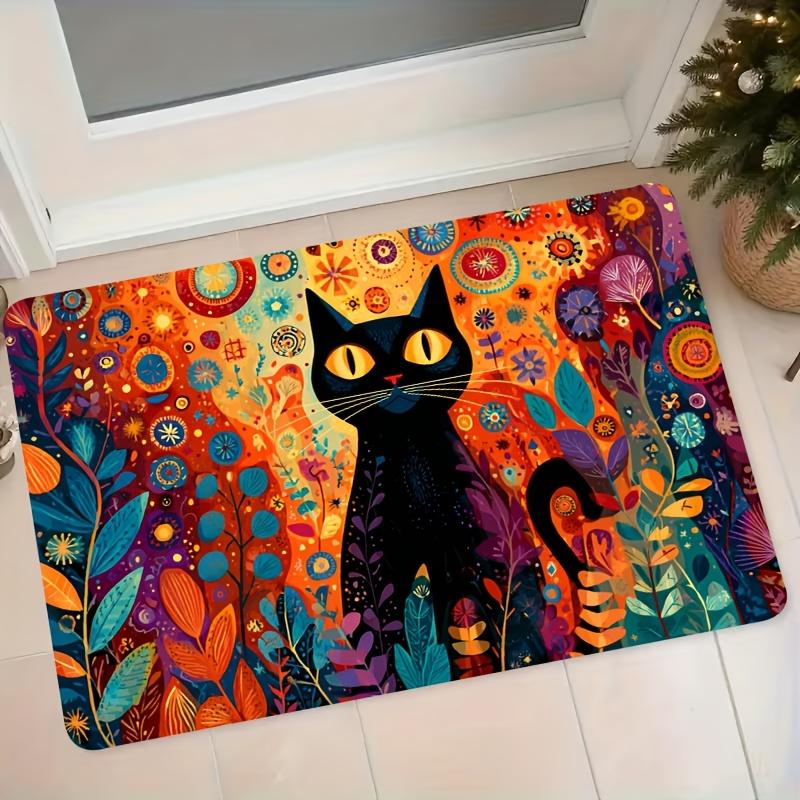 1pc Flannel Floor Mat, Black Cat with Colorful Floral Art Illustration, Entrance Doormat, Non-Slip Absorbent Foot Mat for Bathroom and Bedroom