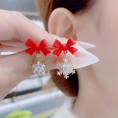 Brincos pingentes de floco de neve vermelho preto para mulheres, top com laço, doce, moda coreana, meninas, brincos pendurados de cristal, decoração de inverno