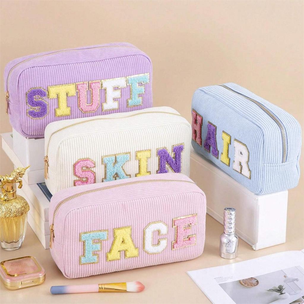 Embroidered Corduroy Letter Toiletry Bag - Large Capacity, Portable Cosmetic Storage