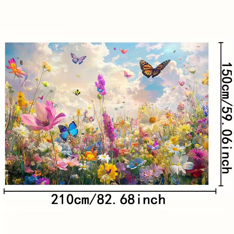 2D Dreamy Flower Meadow Backdrop, Wildflower & Butterfly Party Photography Background