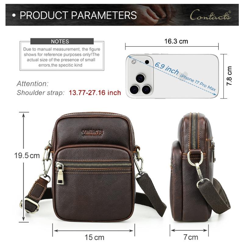 Men Top Grain Crazy Horse Leather Crossbody Bag Multi-Zipper Pockets Vintage Texture