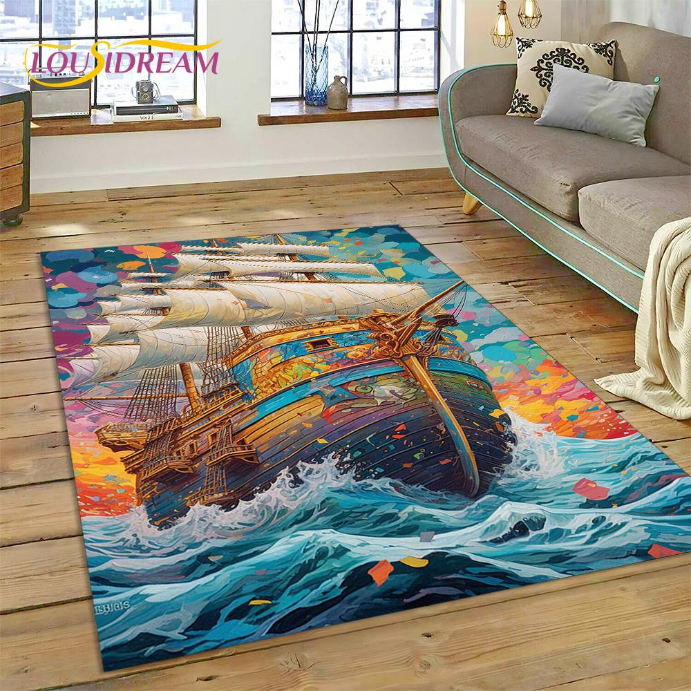 Ancient Pirate Ship Boat,Barque,Sailboa Rug Carpet for Living Room Bedroom Decor,Floor Mat Non-slip Decoration for Sofa Doormat