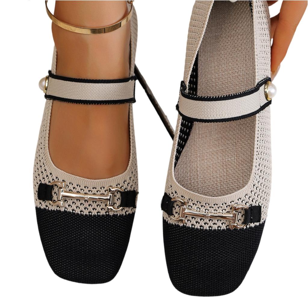 Knitted Square Toe Flat Mary Jane Shoes with Single Buckle Strap Comfortable Lightweight Casual Footwear for Women