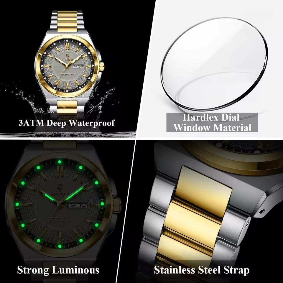 POEDAGAR 896 Stainless Steel Strap Fashion Gold Dial Diver Watch Men Waterproof Date Quartz Clock Sport Luminous Watches Relogio