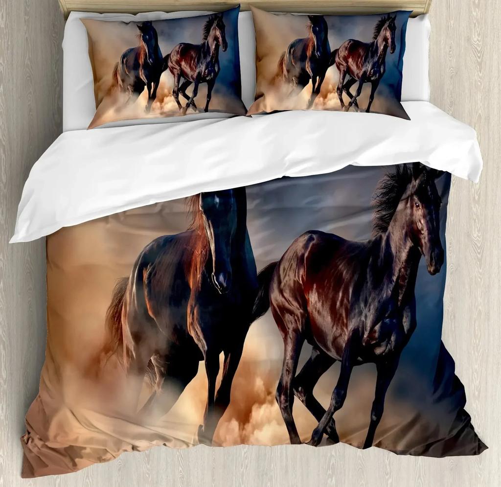 Horse Duvet Cover Animal Bedding Set for Boys Teens Western Cowboy Sunset Scenery Double Queen King Size Polyester Qulit Cover