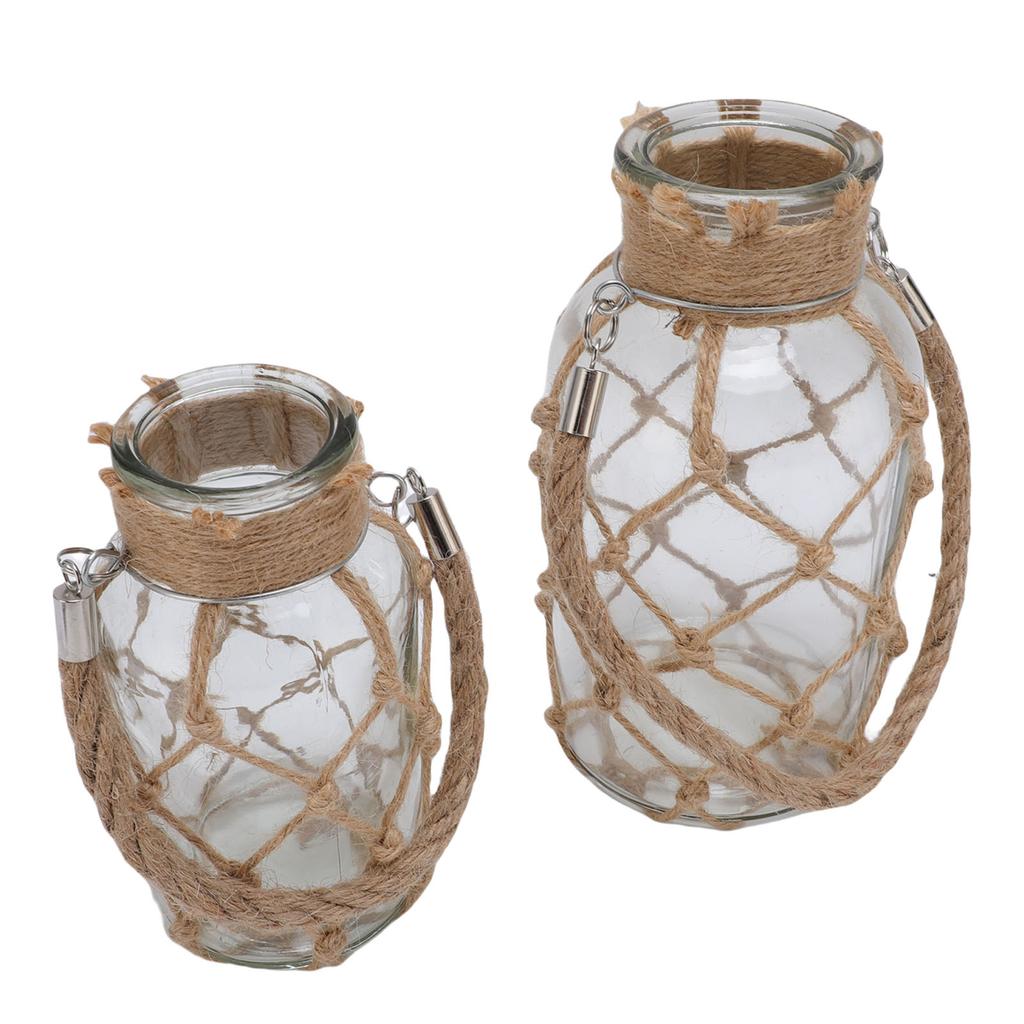 2 Stück Seilnetz Trockenblumen Glasvase mit Henkel Rustikale dekorative Flaschen Heimdeko für Schlafzimmer Wohnzimmer Kaffee