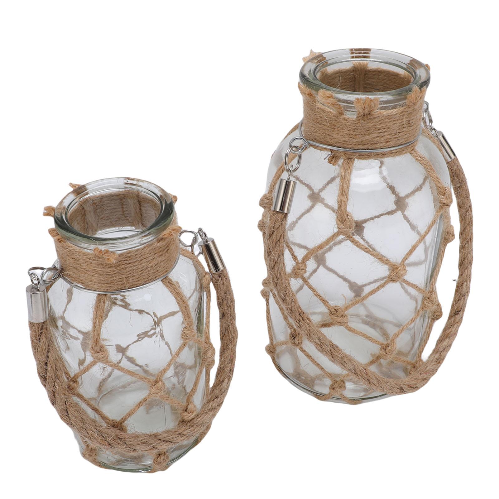 

2pcs Rope Net Dry Flower Glass Vase with Handle Rustic Decorative Bottles Home Decor for Bedroom Living Room Coffee