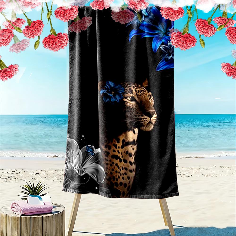 Leopard with Blue Flowers Design Beach Towel Quick-drying for Travel Outdoor Sports Jogging Beach and Swimming