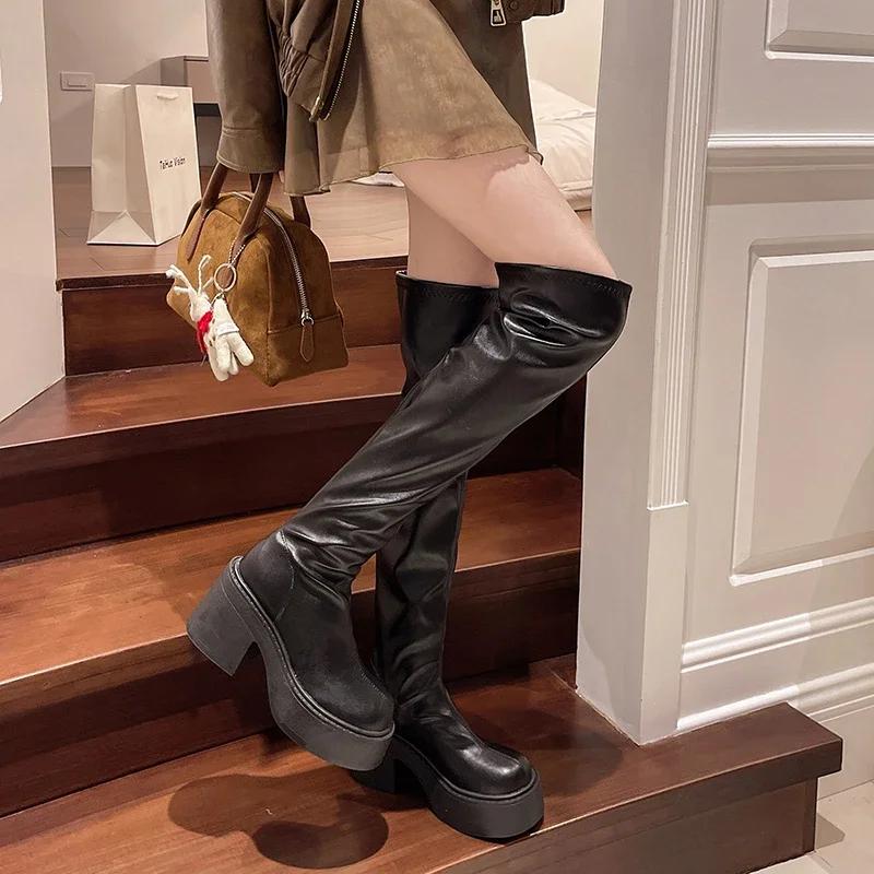 Punk Style Women's Knee High Boots, Fashionable Round Toe Boots, Autumn and Winter Thick Soled High-heeled Women's Boots