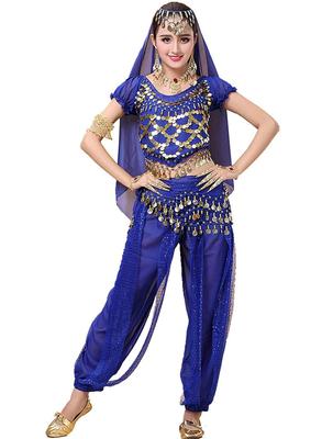 Aladdin Belly Navy Halloween Costume, Pants, Dance, 4-Piece Set, Jasmine, Aladdin-Style Costume, Blue,