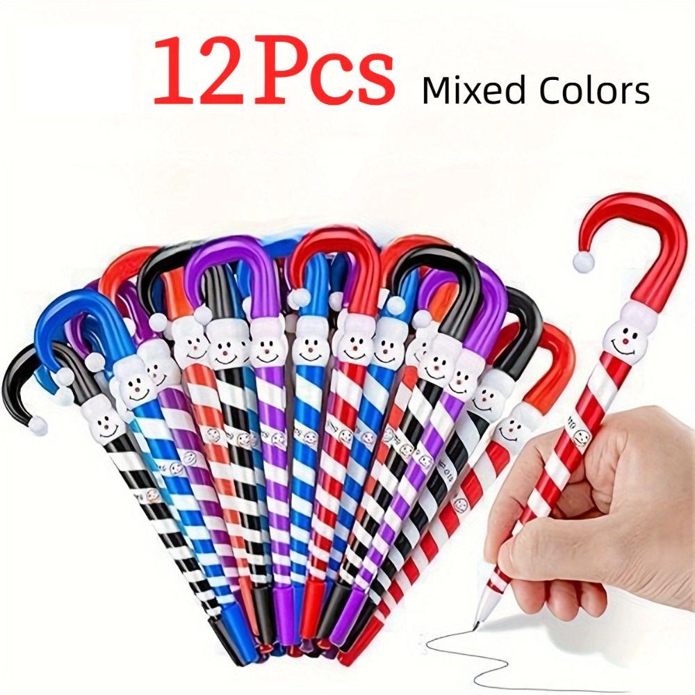 12PCS Umbrella Cane Design Snowman Umbrella Cane Pens Mixed Color Snowman Novelty Pens School Use