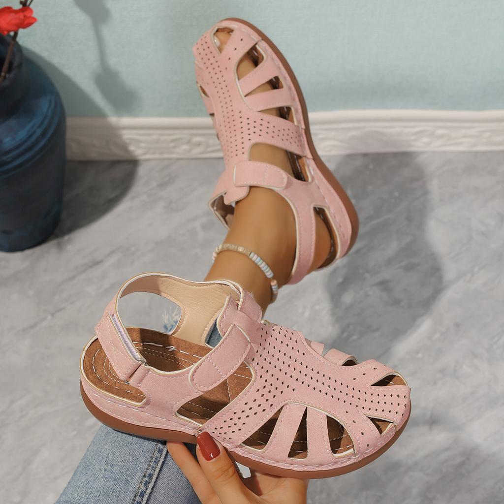 Large size casual women's slope heel new sandals women's round head hollow summer bag head Velcro hole shoes