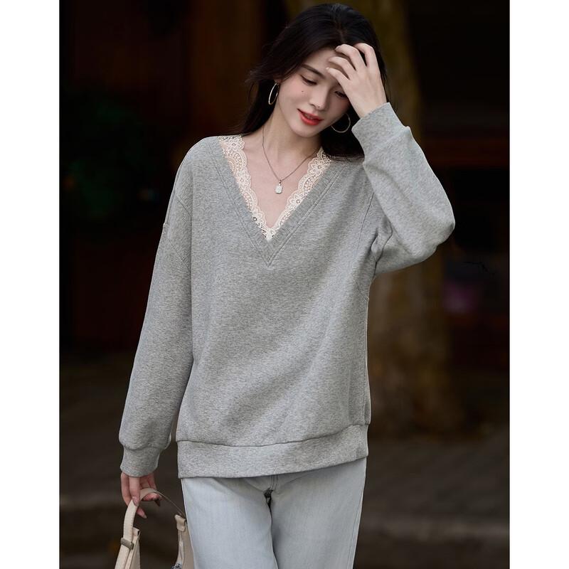 Petite Women's Korean Style Lace Patchwork V-Neck Drop Shoulder Sweatshirt
