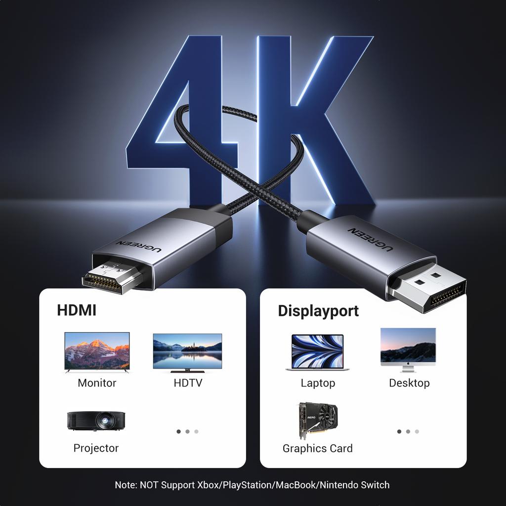 DisplayPort HDMI 4K 60Hz Braided Cable 1m Gray