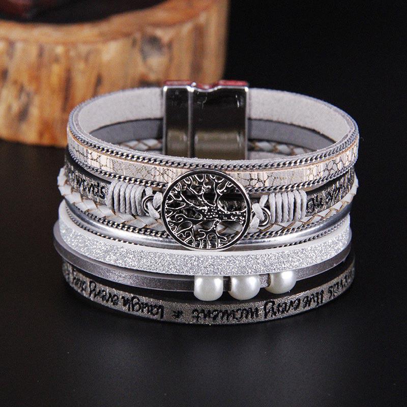 

Women s Classic Woven Leather Bracelet with Tree of Life Pendant and Pearls сірий колір