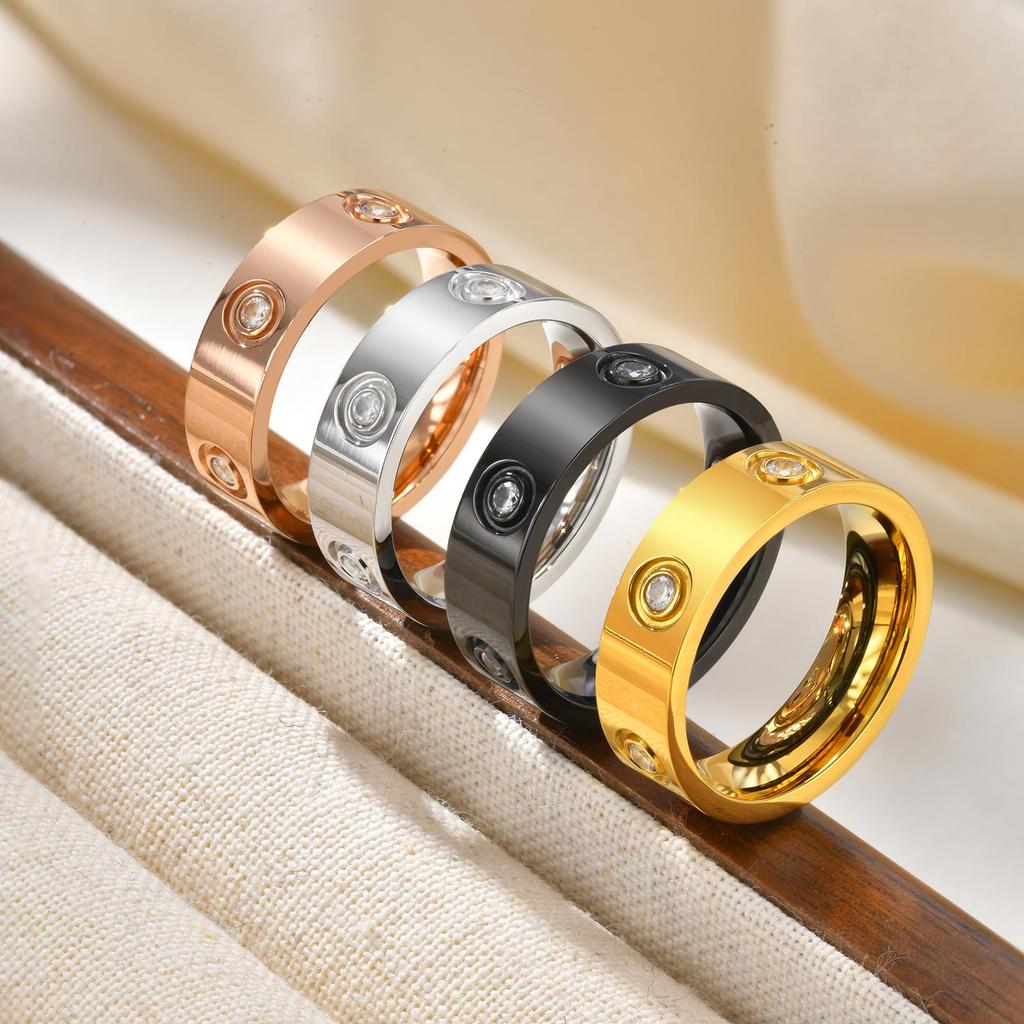 4mm 6mm Luxury Cubic Zircon Stainless Steel Ring for Women Men, Gold Plated Chunky Waterproof Finger Jewelry for Lover Size 5-12