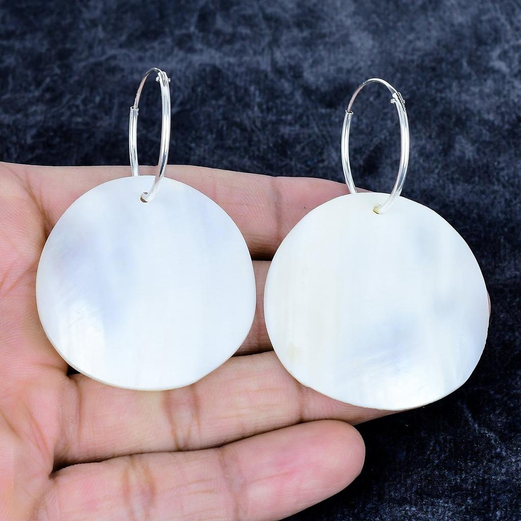 Mother Of Pearl Gemstone Handmade 925 Sterling Silver Jewelry Earring 2.56" MM-3487