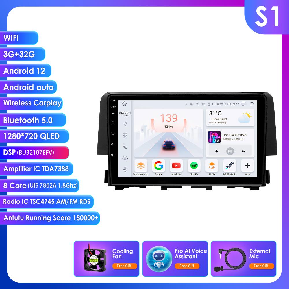 

OSSURET 2din Android Автомагнитола для Honda Civic 10-го поколения 2015 - 2021 Авторадио Мультимедийный Видеоплеер GPS Навигация Головное Устройство Интеллектуальный Carplay 4G BT S1 8Core 3G 32G AI