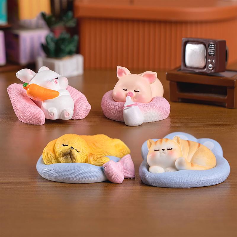 Mini Figurines Sleeping Cat Pig Rabbit Dog Resin Crafts Miniature Landscape Flower Pot Garden Ornaments Home Desktop Decoration