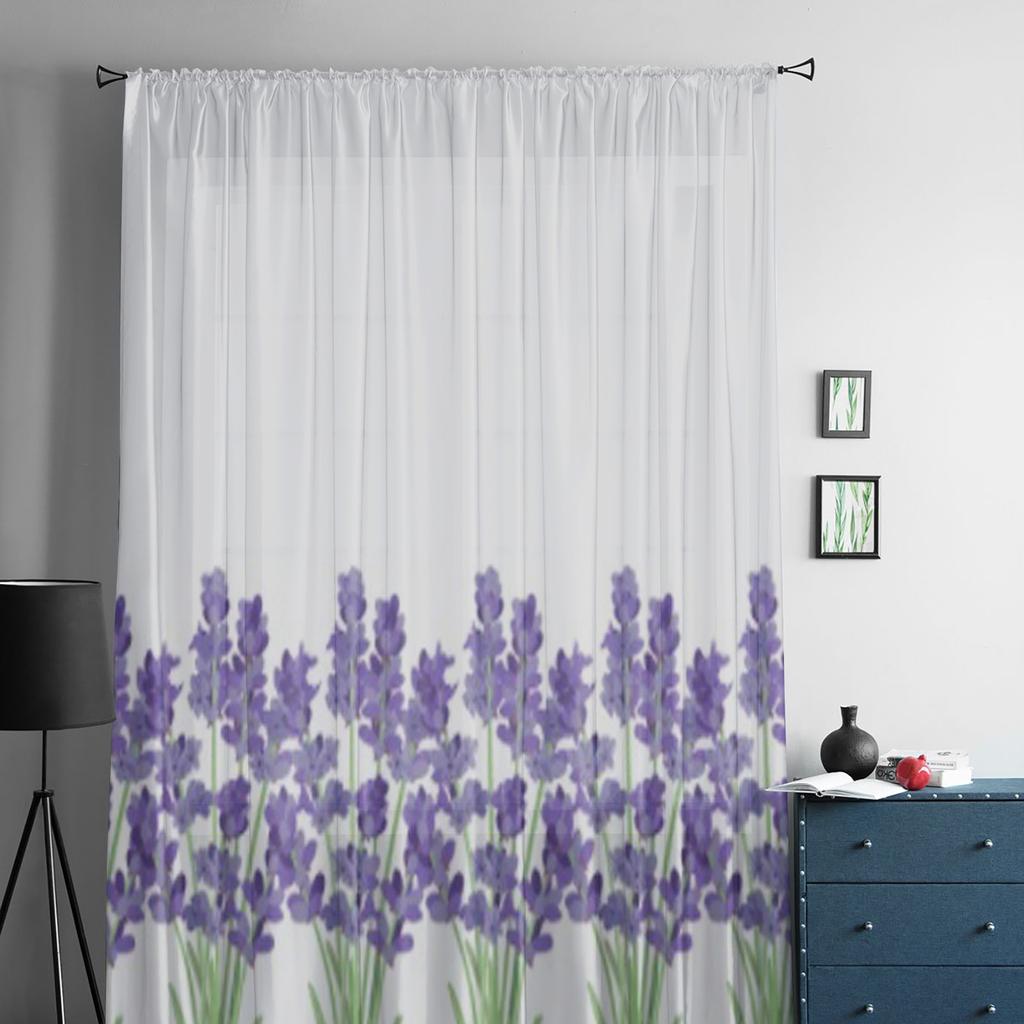 Tende trasparenti in chiffon di lusso con fiori di lavanda per soggiorno, camera da letto, decorazione per finestre, tenda in tulle