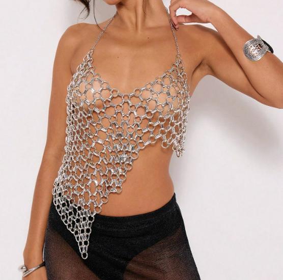 

2025 Трансграничная европейская и американская мода: Сексуальный топ-майка халтер с открытой спиной - Приталенный летний пляжный наряд Extra Small серебряный