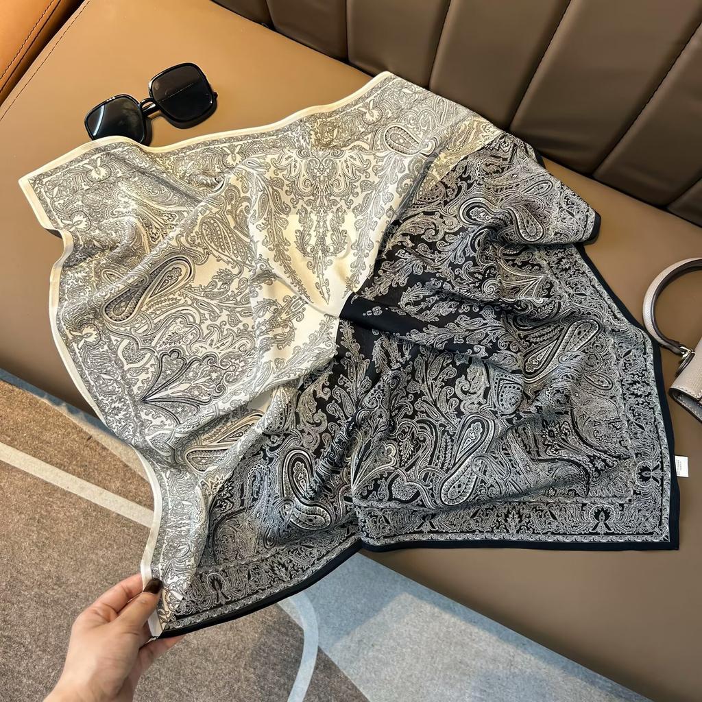 Retro Old Money Wind Silk Double Crepe Silk Scarf Women's Spring and Summer Senior Sense Versatile 100% Mulberry Silk Square Scarf Thin Scarf