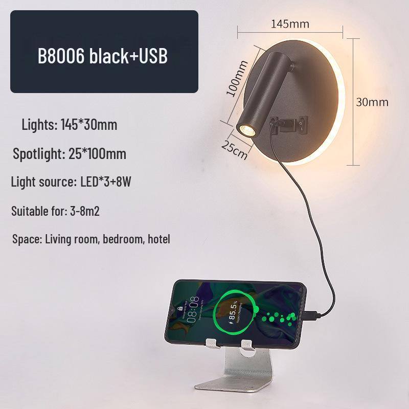 Modern Minimalist Indoor LED Wall Lamp with USB Reading Light for Bedroom or Living Room.