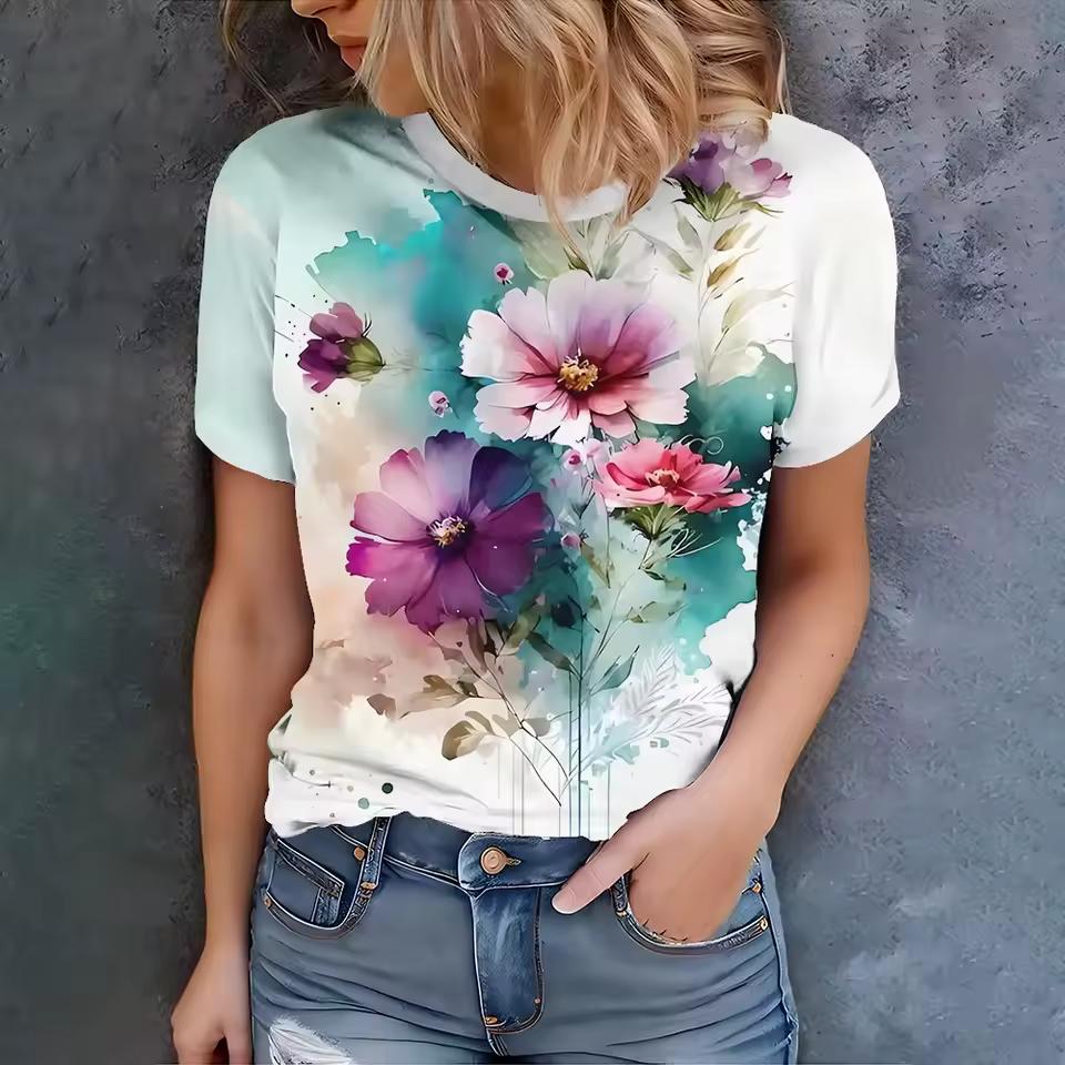 Sommar Rundhals 3D Flerfärgigt Blomtryck Topp Trendiga Casual Kortärmade Dam T-shirts