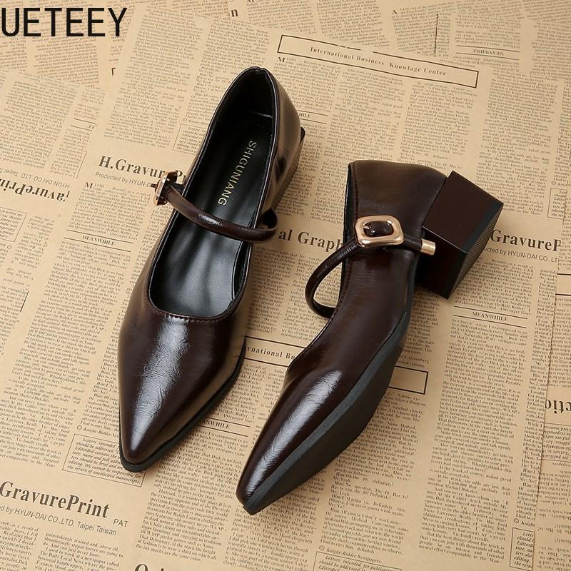 Designer Vintage Pointed Toe Women Mary Jane Shoes Fashion Shallow Buckle Shoes Ladies Elegant Dress Thick Heel Shoes