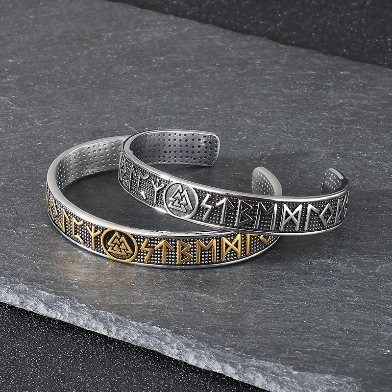 Vintage Viking Rune Texture Bracelet Nordic Mythical Triangle Personalized Men s Stainless Steel C-shaped Handpiece