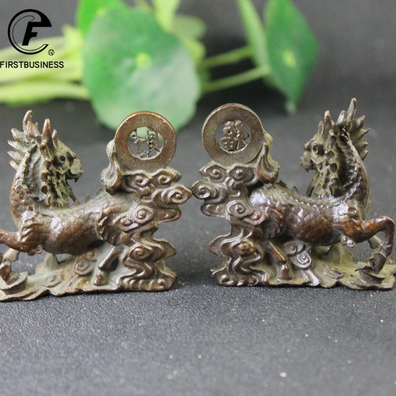 1 Pair Antique Copper Beast Kirin Statue Desktop Ornaments Retro Animal Figurines Feng Shui Home Decorations Crafts Accessories