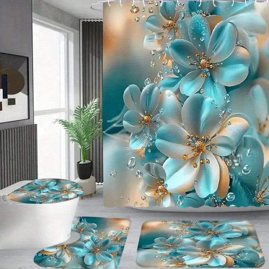 

4 шт. Элегантная сине-белая штора для душа с цветочным принтом, Набор штор для душа для ванной в квартире, Штора для ванной в отеле 90x180cm curtain