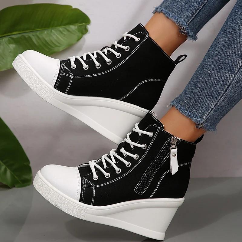 Mix Color White Black High Top Wedge Canvas Shoes Woman Autumn  Lace Up Platform Sneakers for Women Classic Vulcanized Shoes
