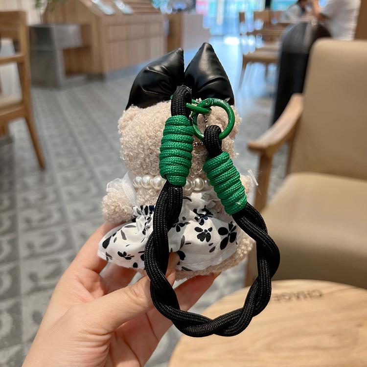 Korean Floral Dress Bear Keychain with Pearl Bow - Cute Doll Backpack and Car Pendant