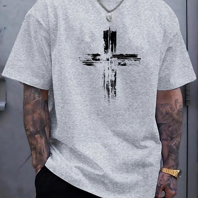 Men's summer cotton fashionable casual loose plus size retro cross print sports round neck short sleeved T-shirt top