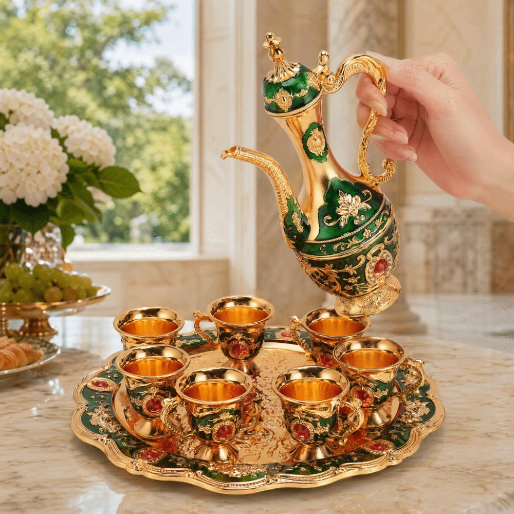 8PCS Zinc Alloy Wine Pot Kit Gold Green Turkish Tea Set Tea Sets Coffee Pot Set  Home Party Decor