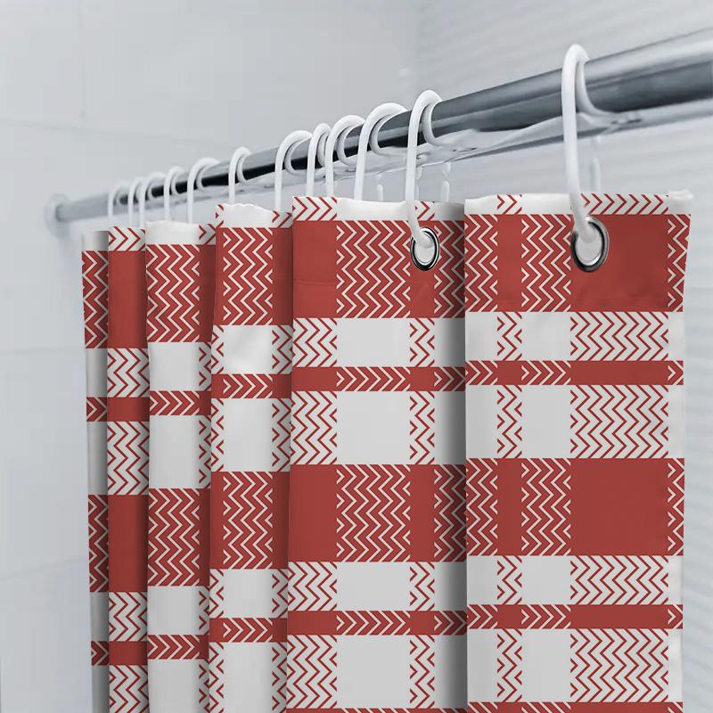 Modern Red White Plaid Shower Curtain Set For Bathroom Decor Polyester Fabric With 12 Hooks Xl Size (75X84 Inches)
