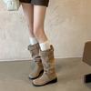 Blue cabinet, but knee boots women's 2025 new thick heel round head thin tall knight boots pleated pile boots