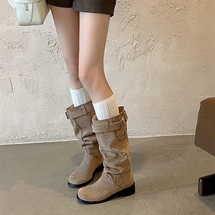 Blue cabinet, but knee boots women's 2025 new thick heel round head thin tall knight boots pleated pile boots