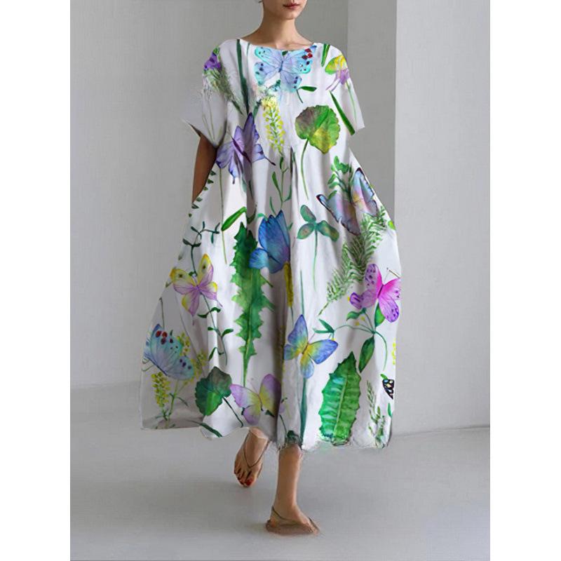 Damen Sommer Übergröße Gestreiftes Print Maxikleid, Lässiges Lockeres Rundhals Kurzarm Oversized A-Linien-Kleid