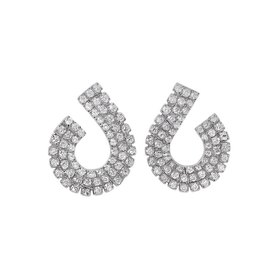Silver Needle Rhinestone Geometric Double Stud Earrings - Luxury Cross-Border Design