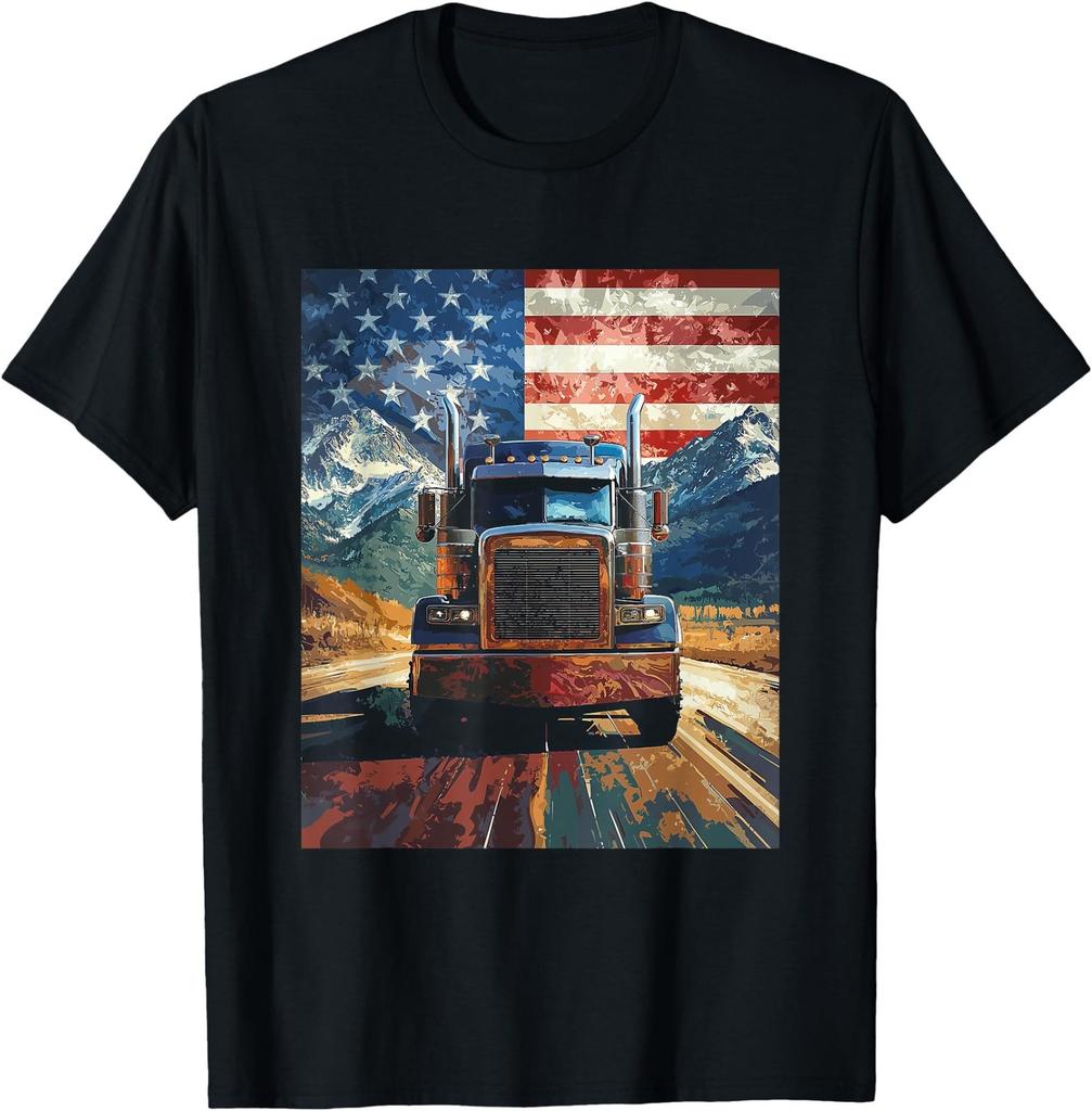 Trucker Truck USA America Flag Graphic T-Shirt
