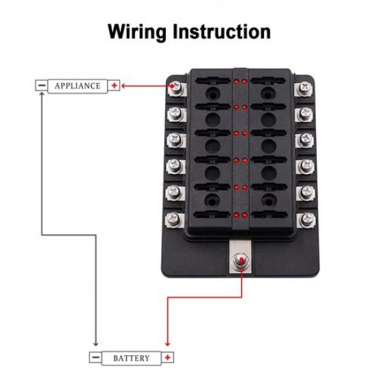 12Way Fuse Box Car Blade Fuse Holder Red LED Indicator Cover For Marine Boat RV