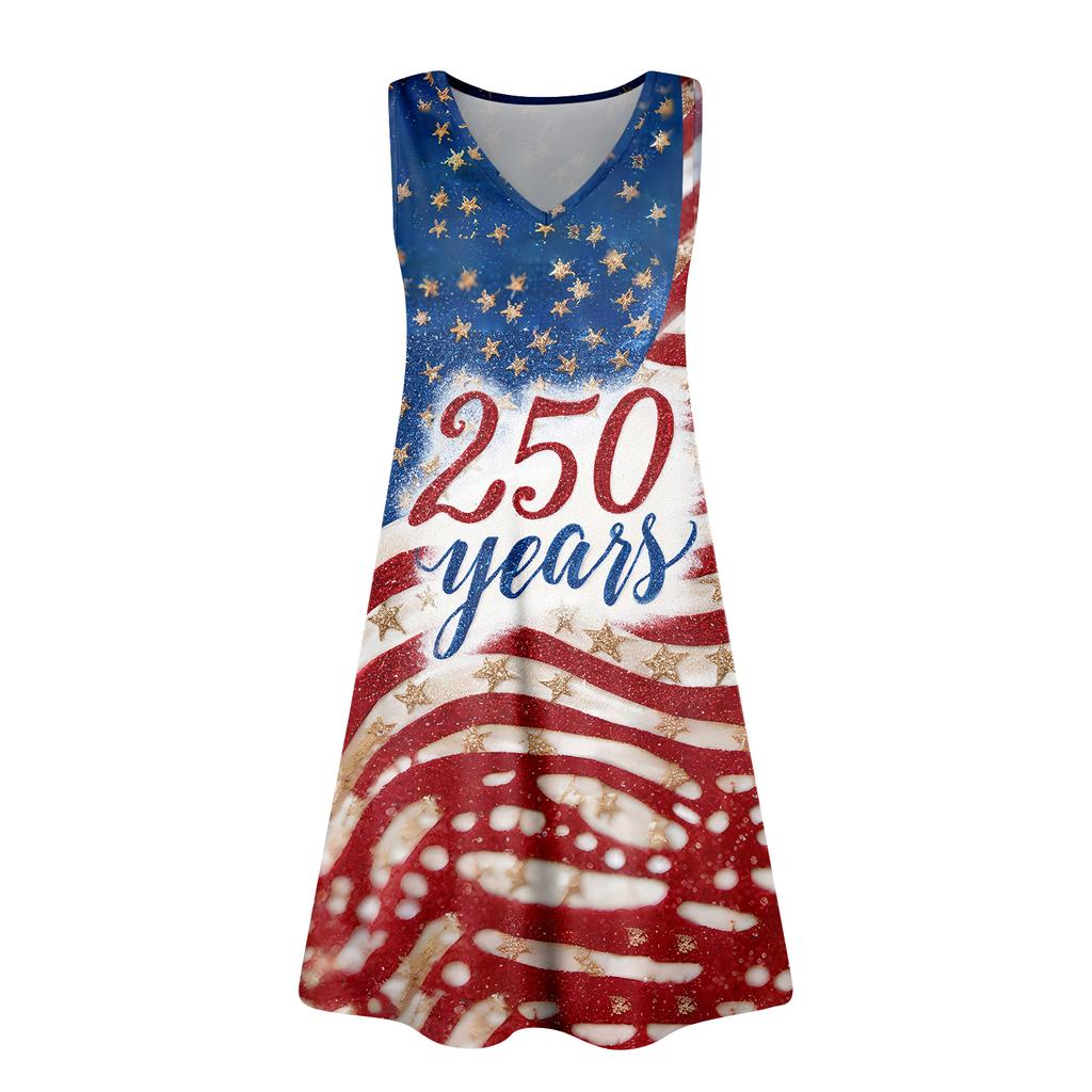 Women's Summer Casual Sun Skirt With Pocket V-Neck Independence Day Printed Loose Vest Dress