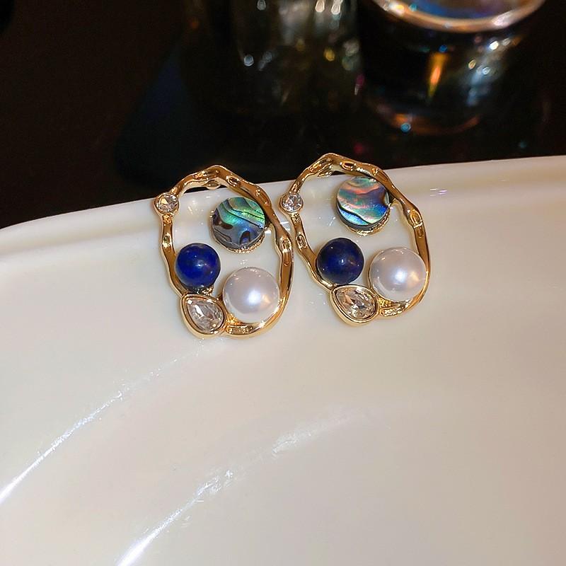 Monet garden oil painting style flower pearl earrings light luxury stud earrings French sweet small fresh earrings women