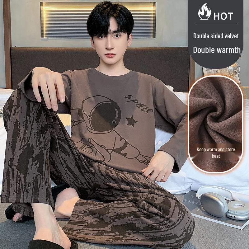 Men's Warm Velvet Pajamas - Casual Long-Sleeve Cartoon Print, Autumn/Winter, Loose Fit, Round Neck, Suitable for Teenagers and Children.