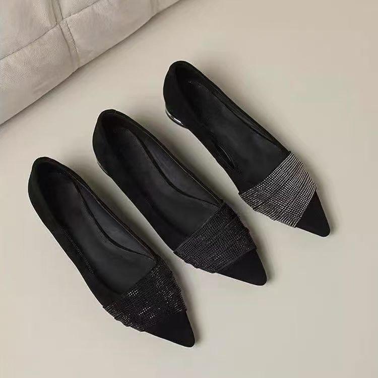 Women's Black Suede Pointed Toe Flats with Rhinestones