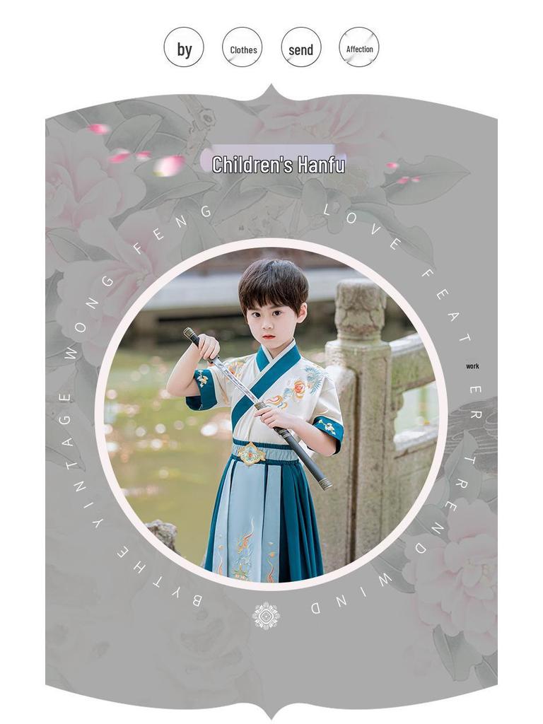 Lato 2024 Dziecięce Hanfu: Zestaw w stylu starożytnym - Garnitur Tang dla chłopców z krótkim rękawem - Strój młodego mistrza do studiów chińskich