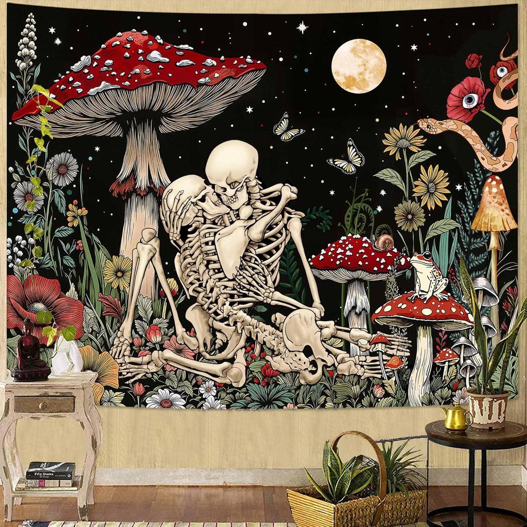 Gothic Lovers Skeleton Tapestry Wall Hanging Black Mushroom Botanical Aesthetic Dark Romance Tapestries for Bedroom Vintage