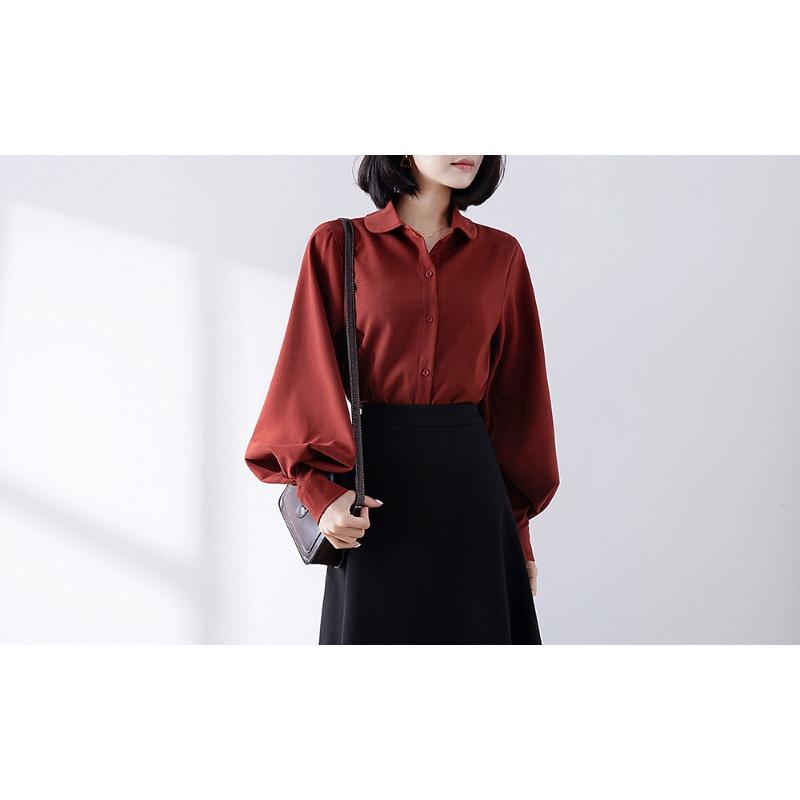 Spring Autumn New Korean Fashion Simple Shirt Fashion Women Lantern Long Sleeve Loose Office Blouse Doll Collar Top Casual Loose Simple Clothes 2595